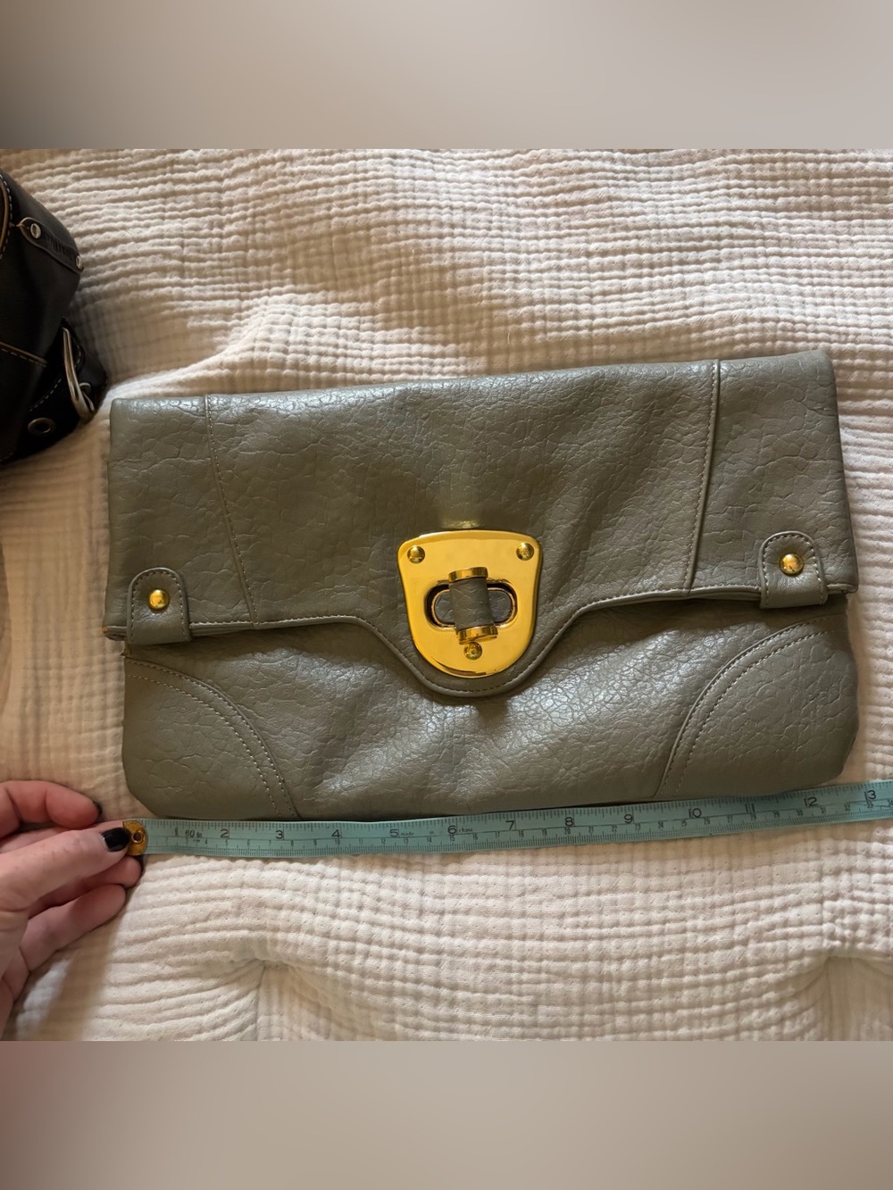 Olive Green Pleather Fold-Over Clutch with Gold Hardware - Picture 11 of 12
